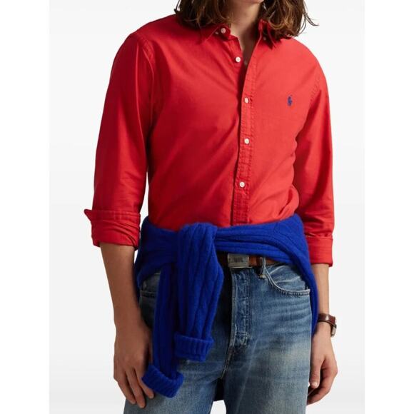 Ralph Lauren Logo Shirt Button Down Long Sleeve Cotton Twill Red Blue Size XXL - Picture 2 of 14